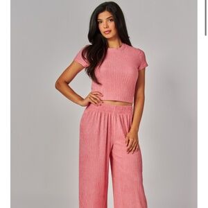Crinkly strawberry colored pantsuit